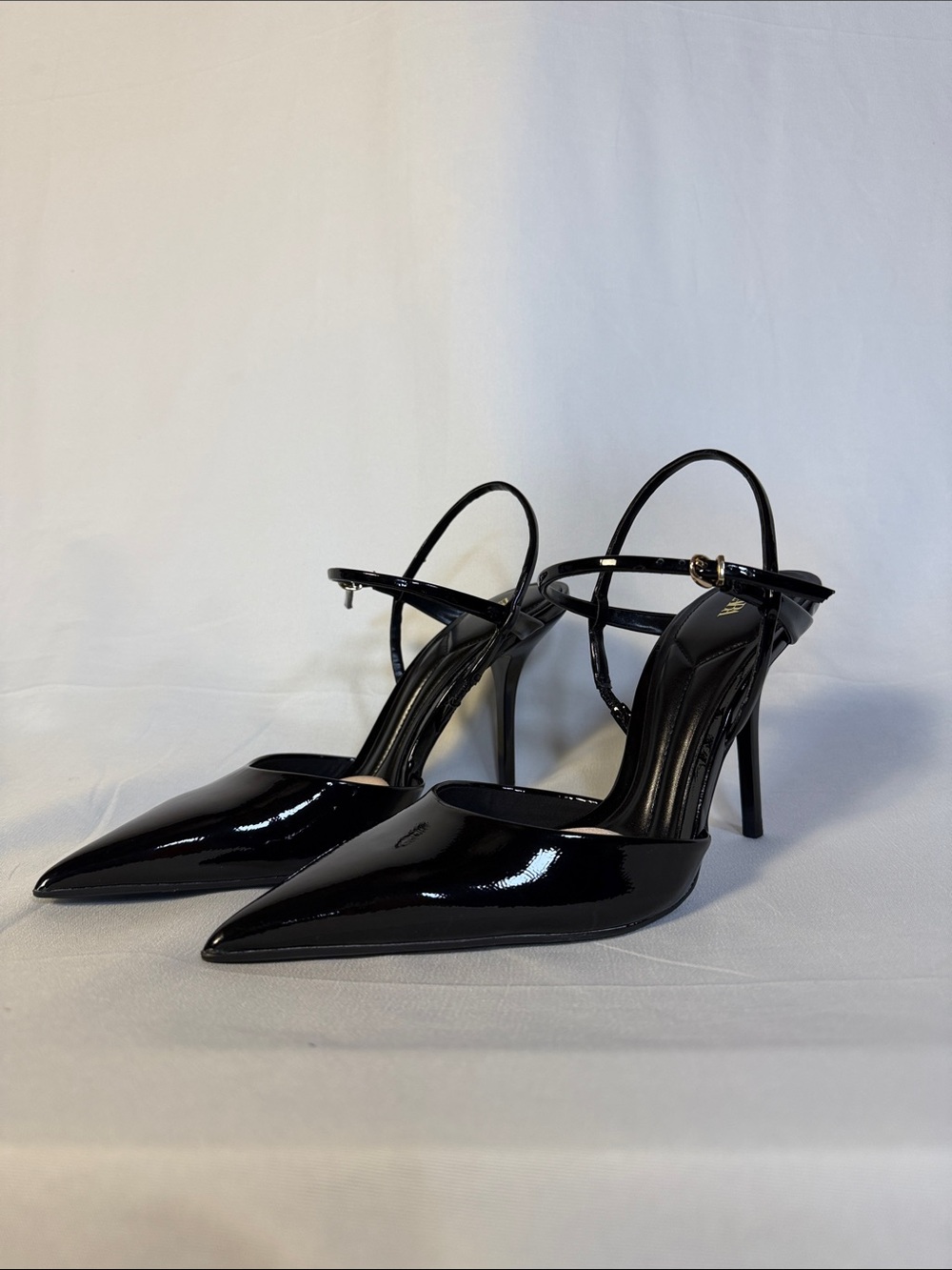 Zara Black Patent Pointed-Toe Slingback Stilettos